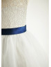 Silver Gray Lace Tulle keyhole Back Knee Length Flower Girl Dress 